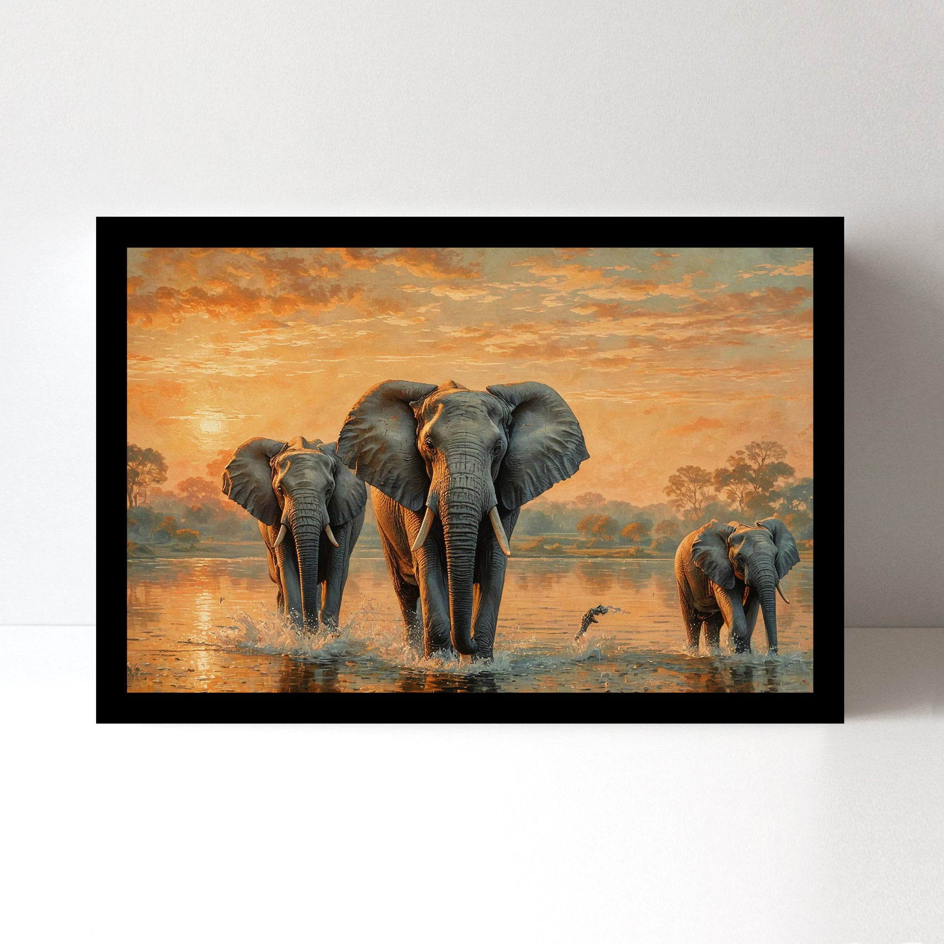 Luxariya Elephant Canvas Print 20x30", Black/White Framed, 12x18"-24x36" Auspicious Wall Art