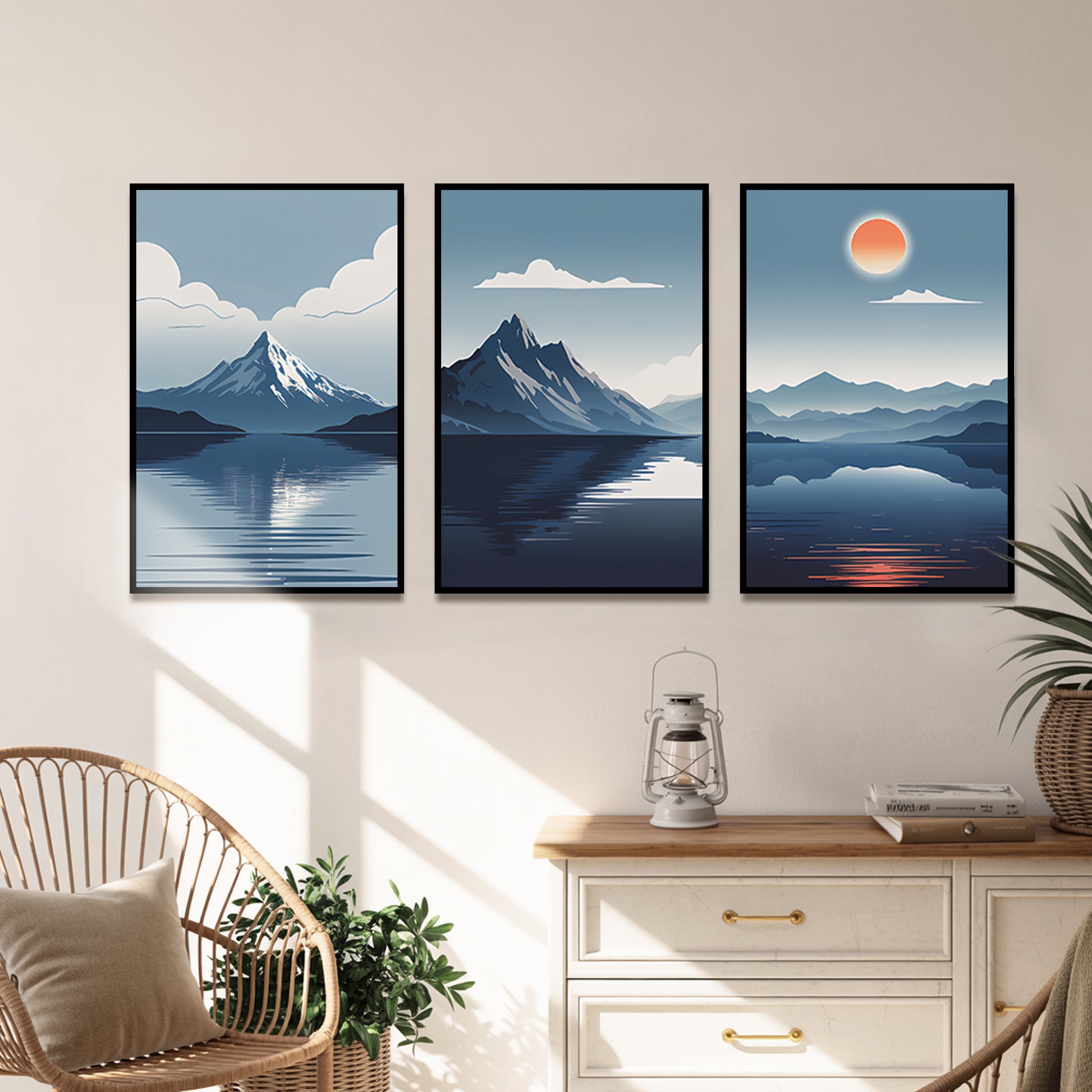 Snowy Horizon with River Dream Luxury Wall Art Set (3 Pieces) - 18x24 Inch Framed GSM Paper or 20x30 Inch Canvas