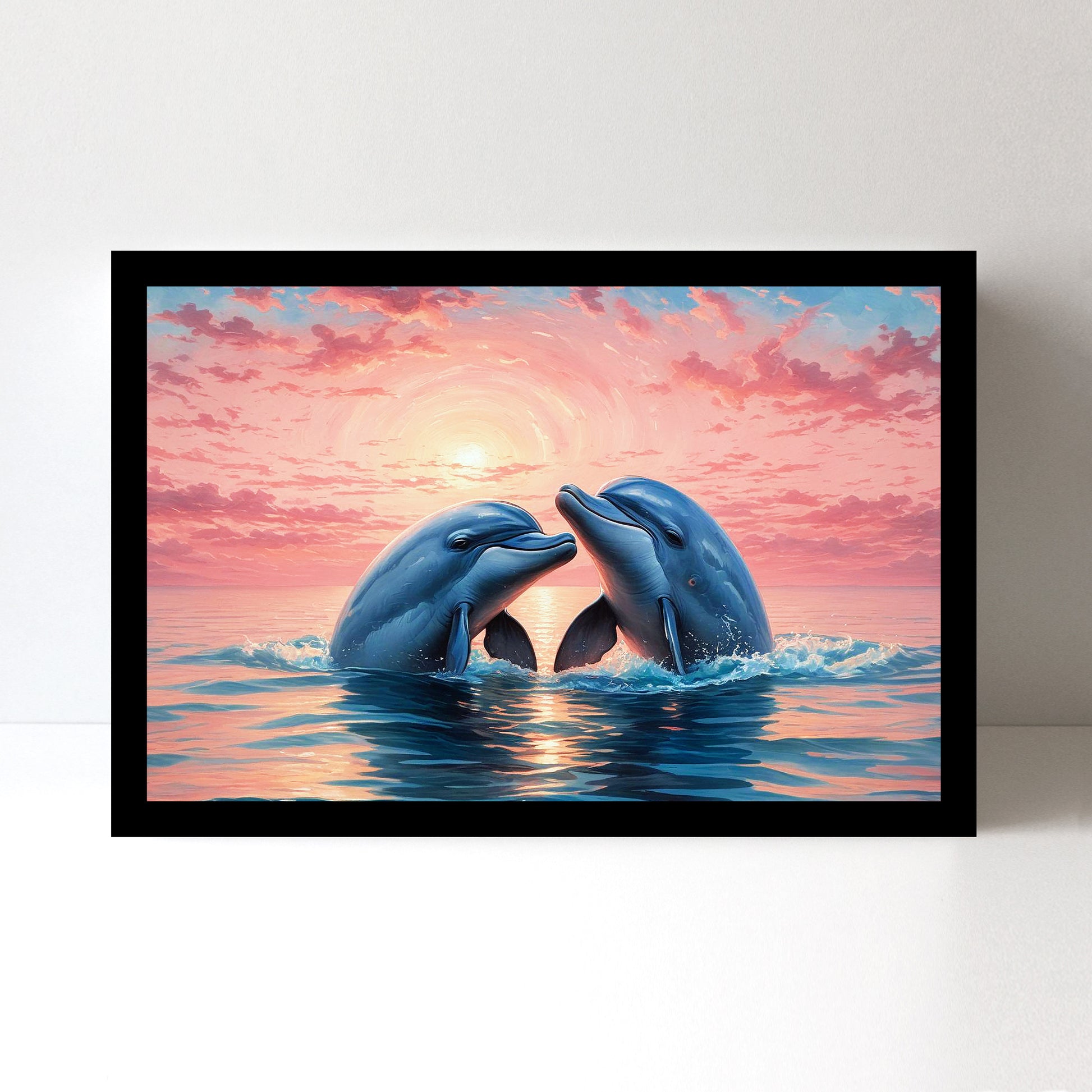 Luxariya Dolphin Canvas Print 20x30", Black/White Framed, 12x18"-24x36"
