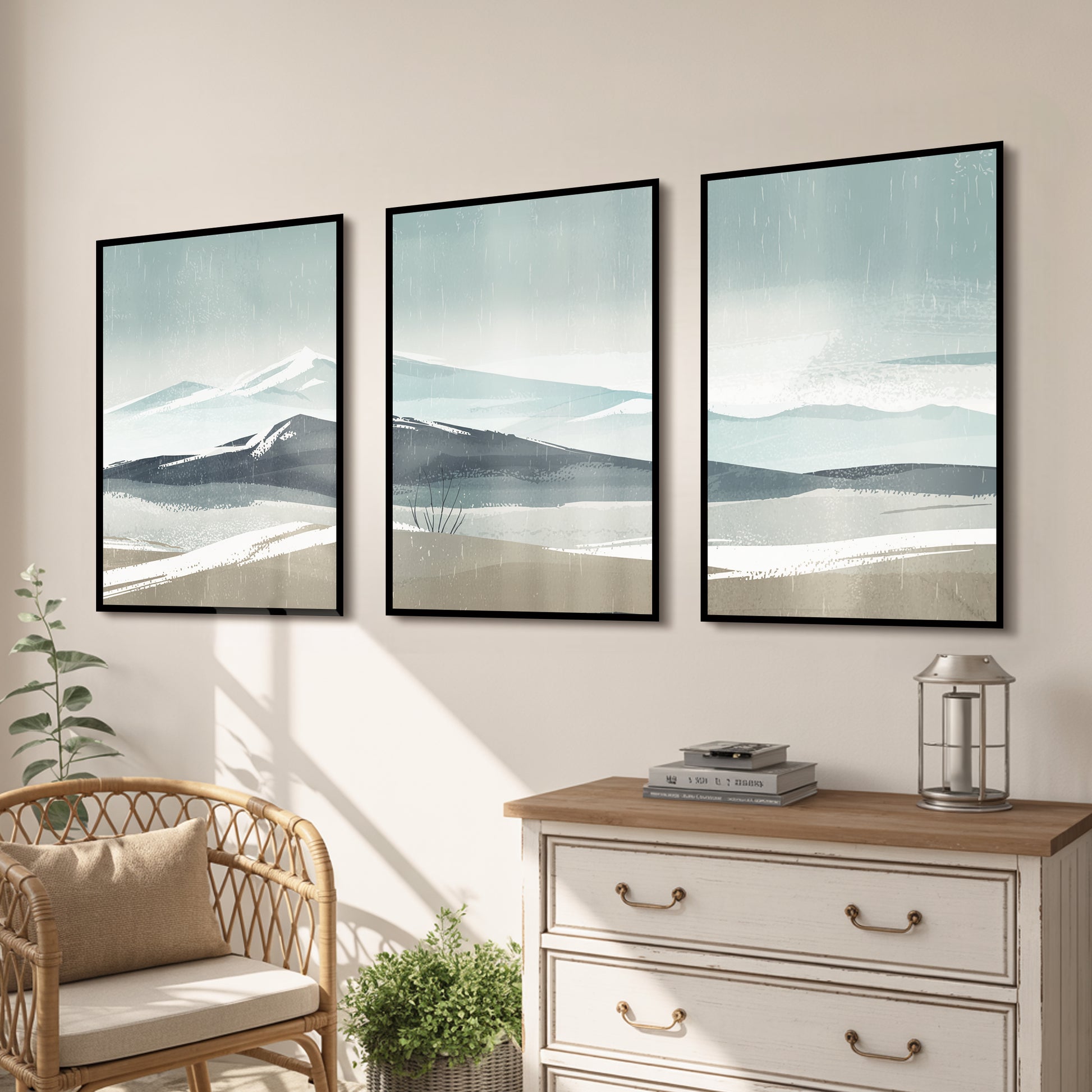Silent Snowy Horizon Luxury Wall Art Set (3 Pieces) - 18x24 Inch Framed GSM Paper or 20x30 Inch Canvas