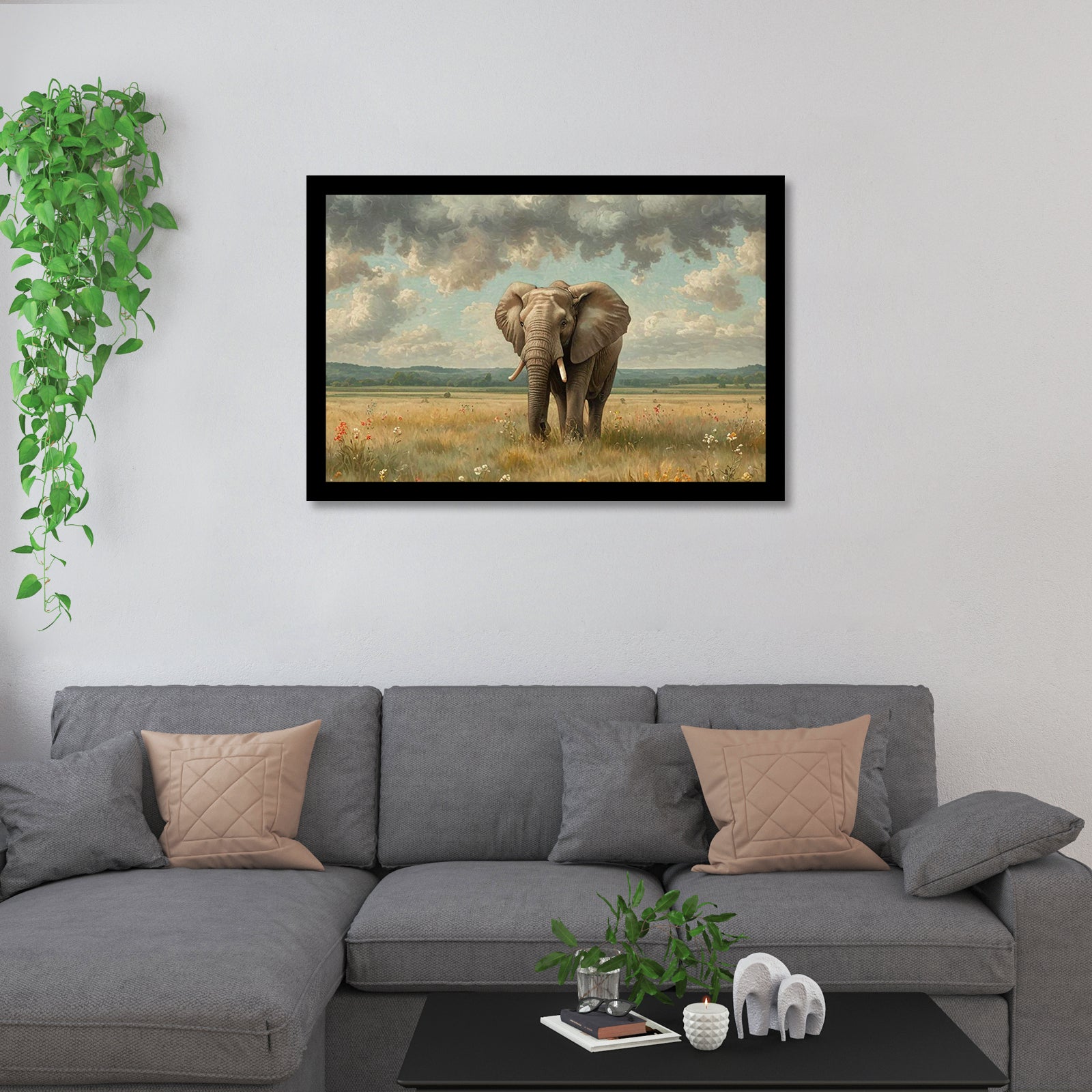 Luxariya Elephant Canvas Print 20x30", Black/White Framed, 12x18"-24x36" Auspicious Wall Art