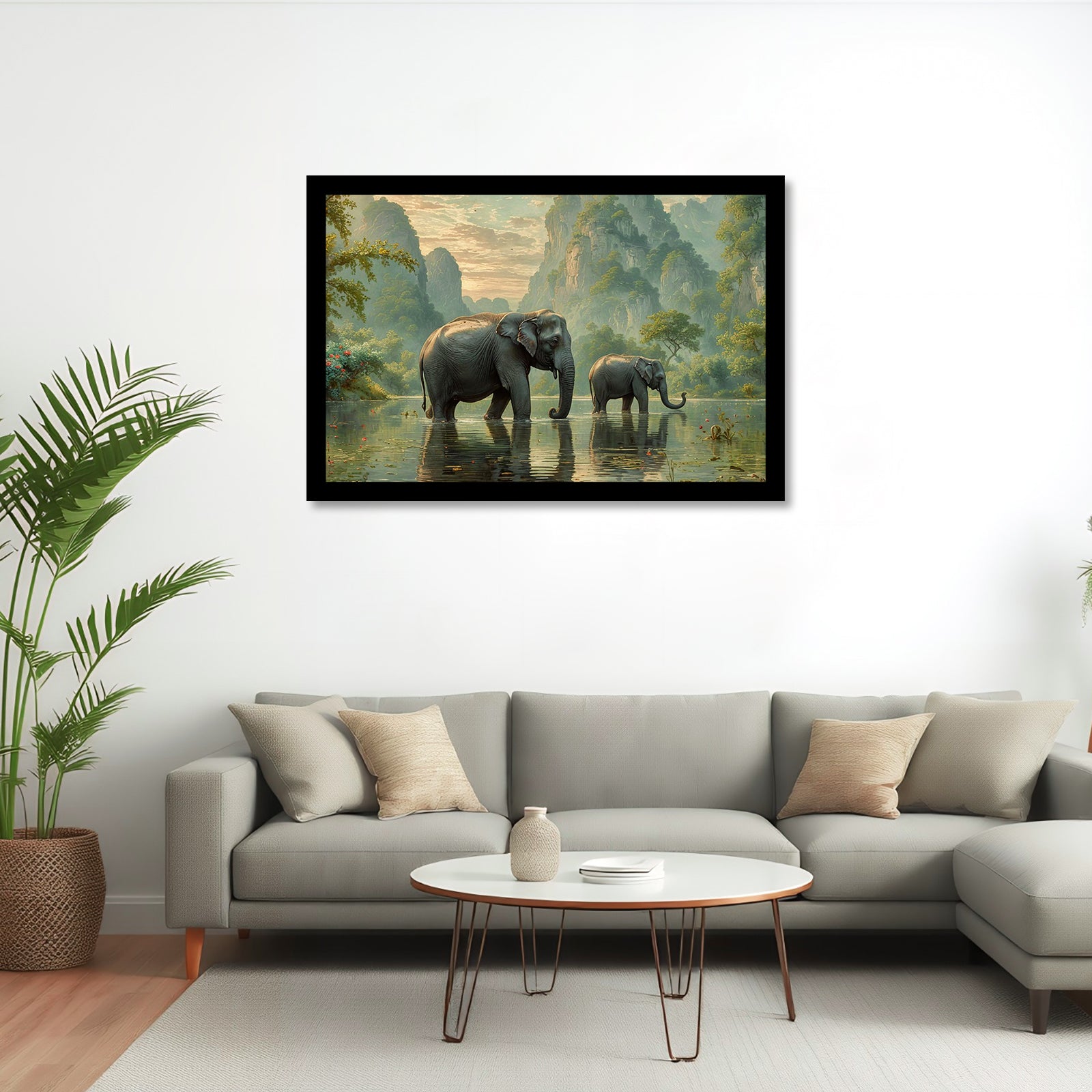 Luxariya Elephant Canvas Print 20x30", Black/White Framed, 12x18"-24x36" Auspicious Wall Art
