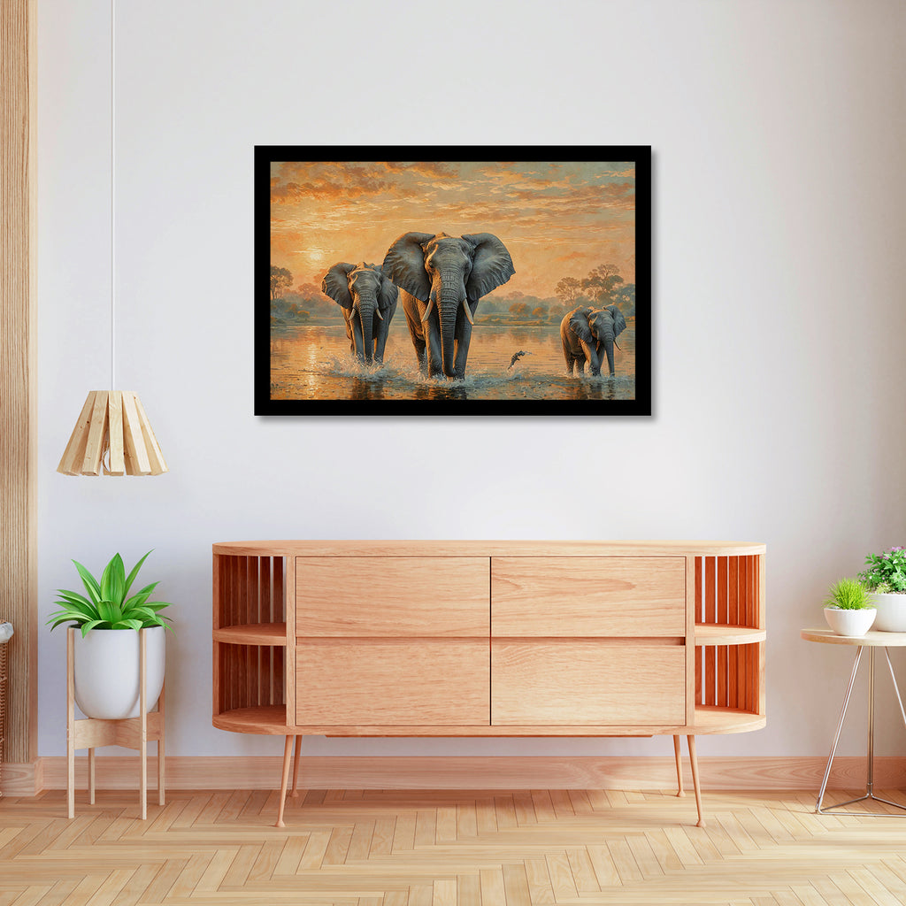 Luxariya Elephant Canvas Print 20x30", Black/White Framed, 12x18"-24x36" Auspicious Wall Art