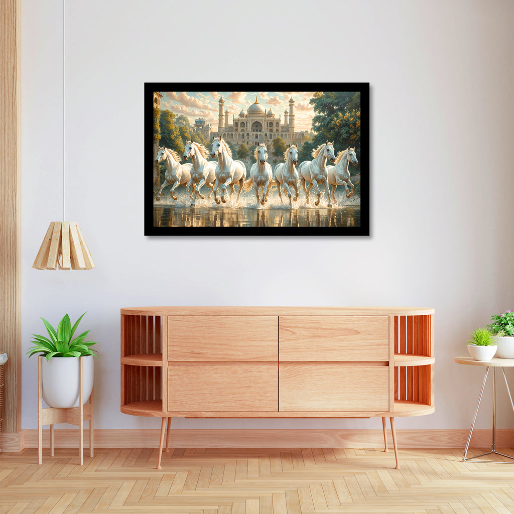 Vastu 7 Horses Running Painting with Frame, 16x24" Framed or 20x30" Canvas