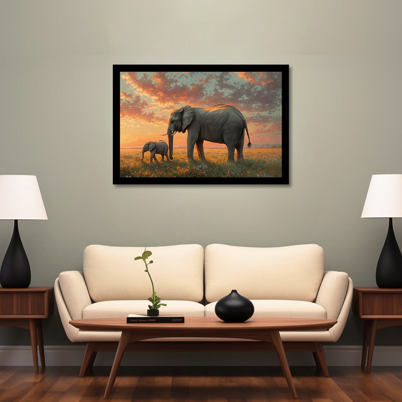 Luxariya Elephant Canvas Print 20x30", Black/White Framed, 12x18"-24x36" Auspicious Wall Art