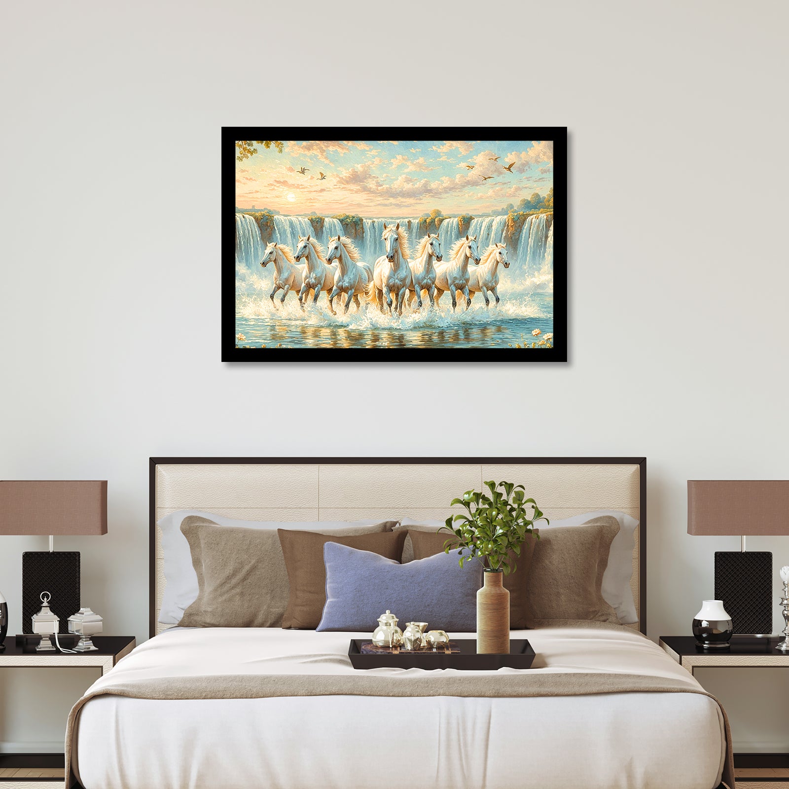Vastu 7 Horses Running Painting with Frame, 16x24" Framed or 20x30" Canvas