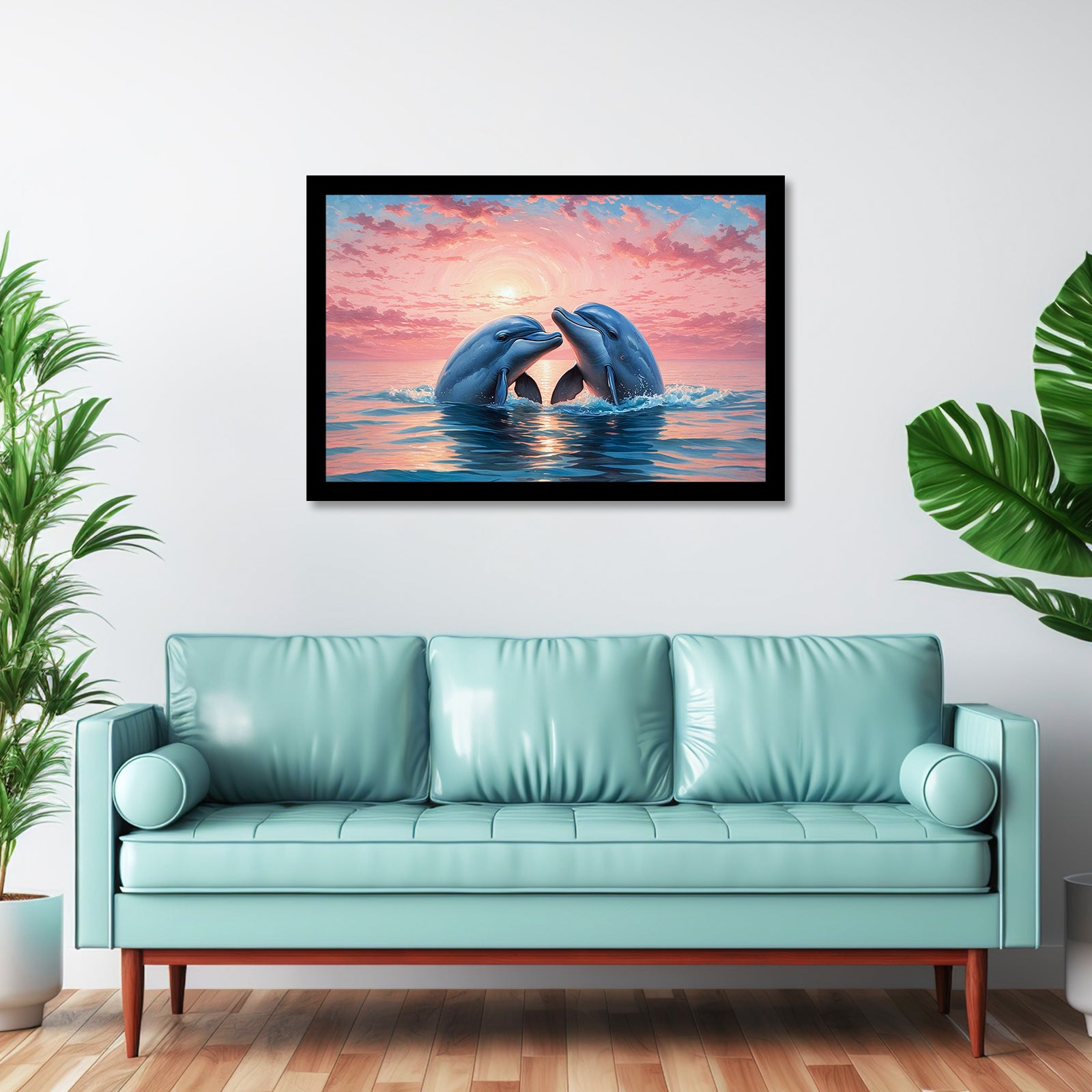 Luxariya Dolphin Canvas Print 20x30", Black/White Framed, 12x18"-24x36"