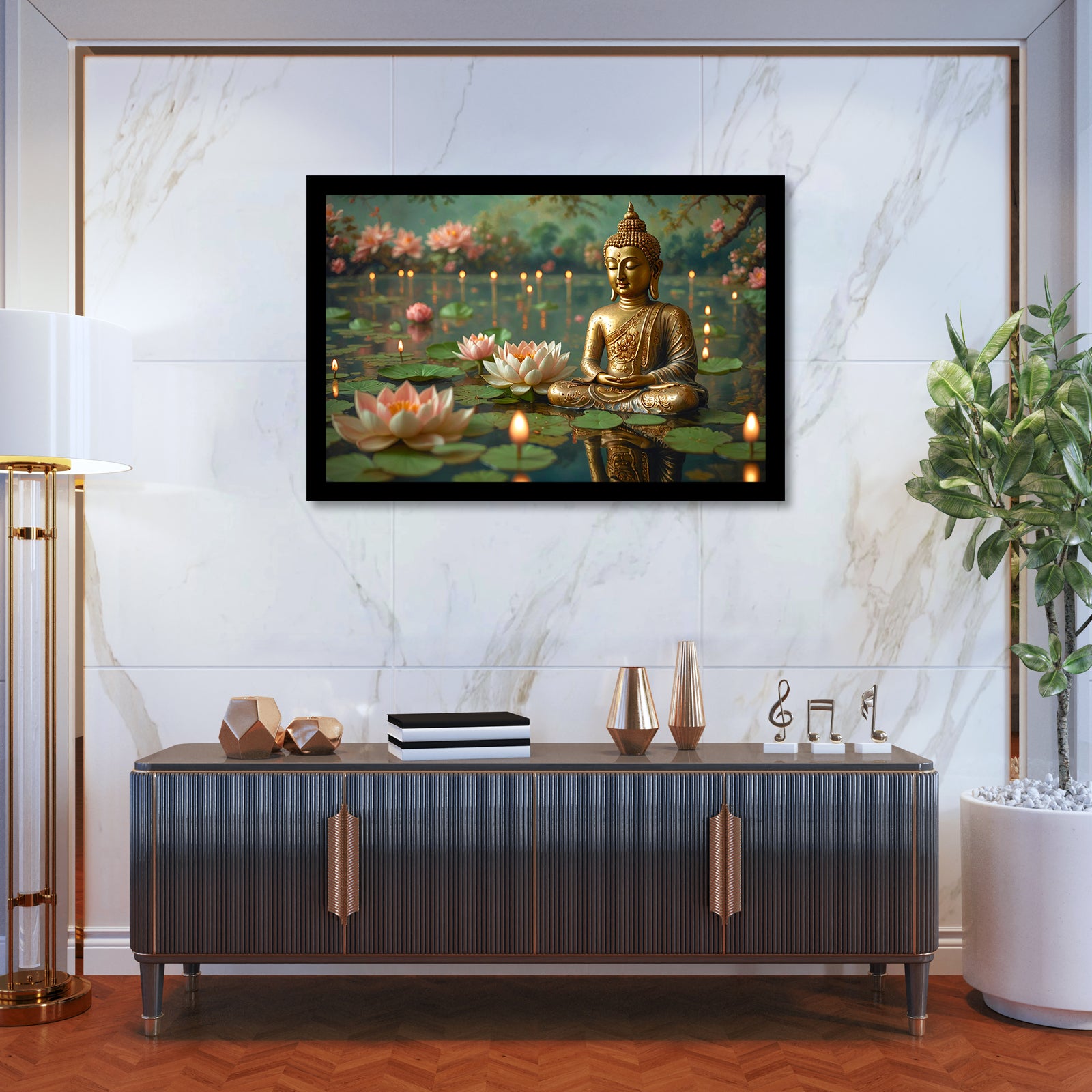 Luxariya Buddha Canvas Print 20x30", Black/White Framed 12x18"-24x36" Spiritual Wall Art