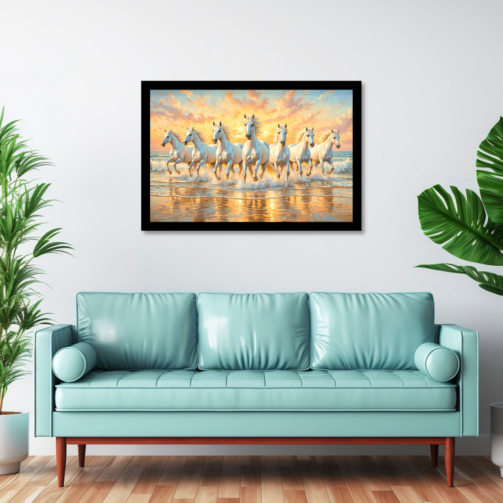 Vastu 7 Horses Running Painting with Frame, 16x24" Framed or 20x30" Canvas