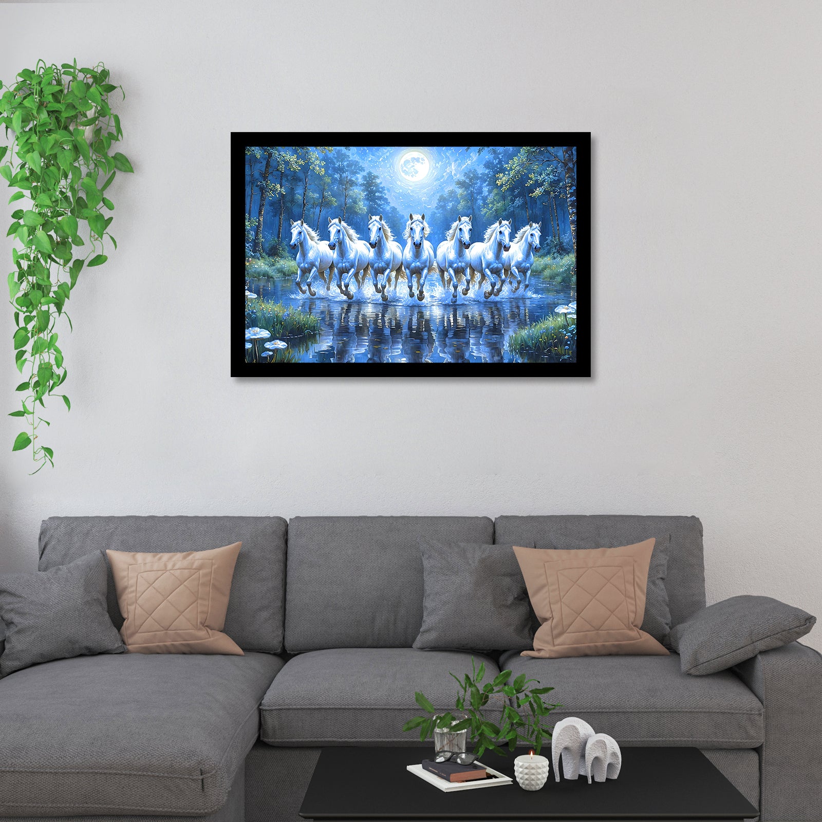 Vastu 7 Horses Running Painting with Frame, 16x24" Framed or 20x30" Canvas