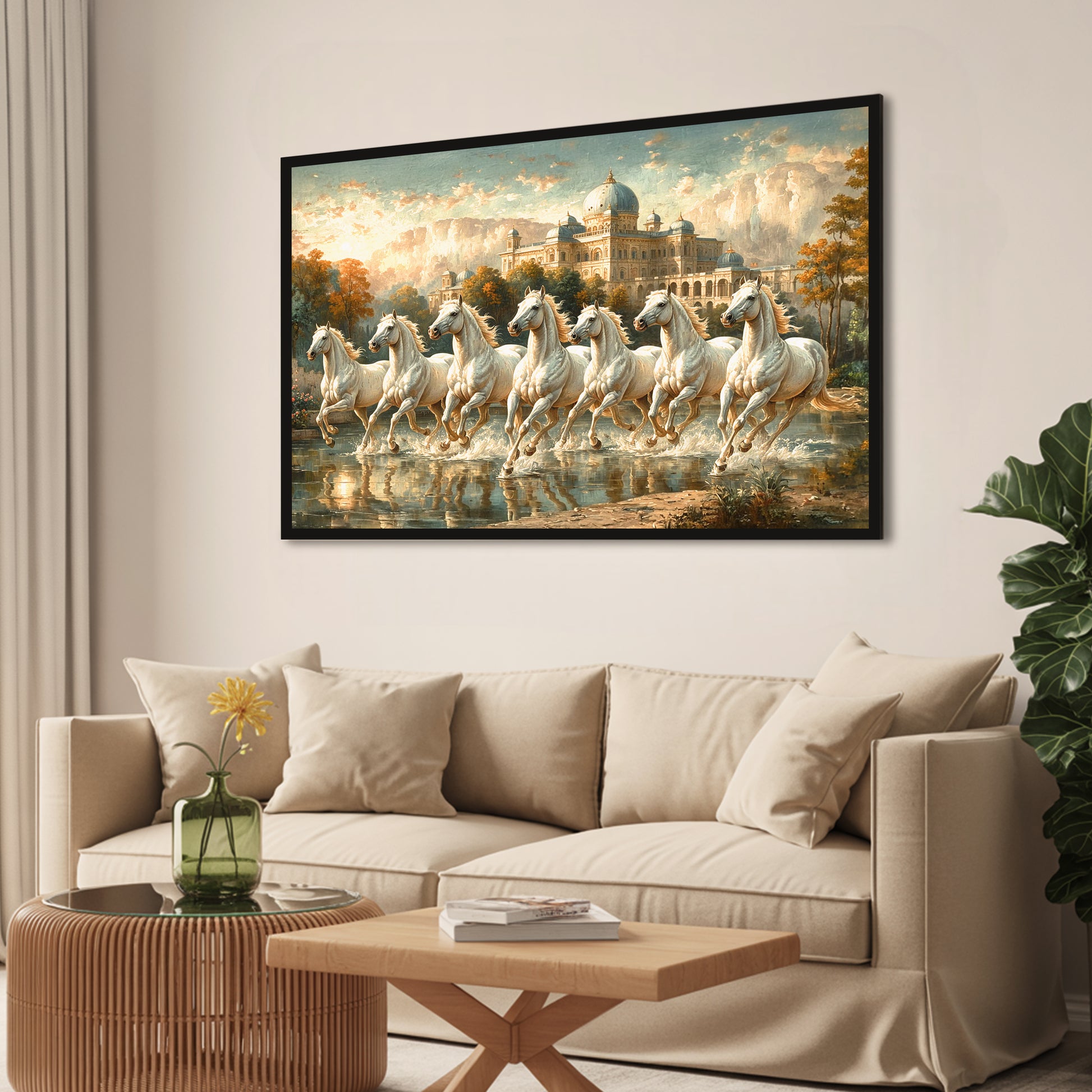 Vastu 7 Horses Running Painting with Frame, 16x24" Framed or 20x30" Canvas