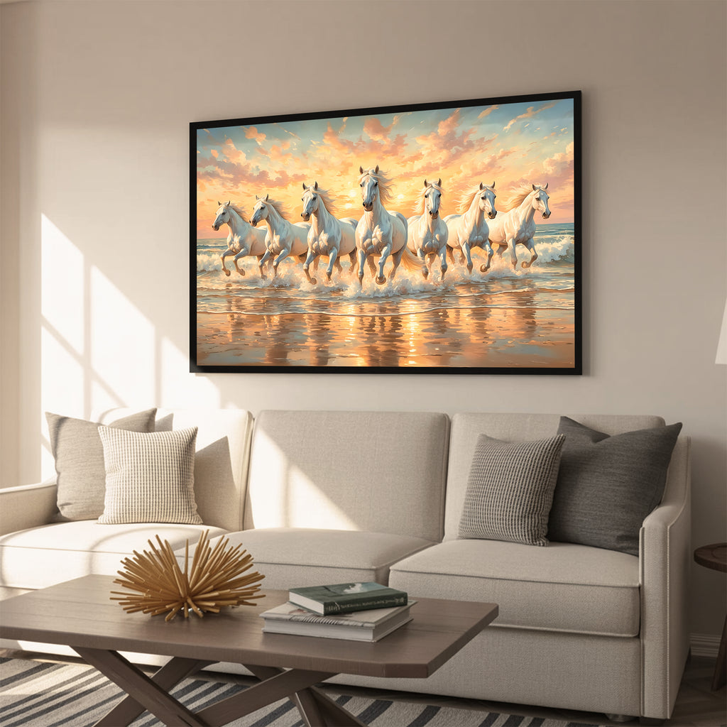 Vastu 7 Horses Running Painting with Frame, 16x24" Framed or 20x30" Canvas