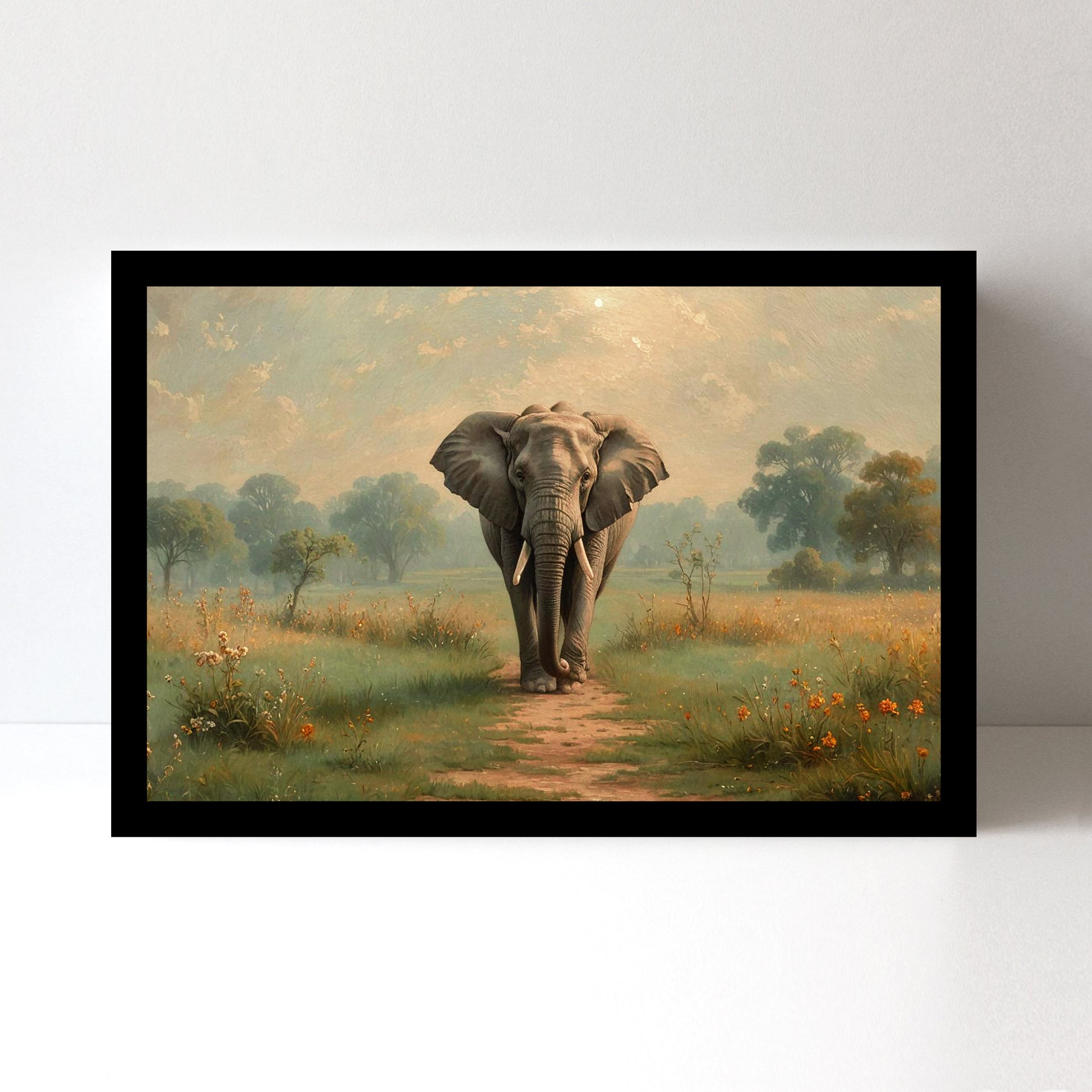 Luxariya Elephant Canvas Print 20x30", Black/White Framed, 12x18"-24x36" Auspicious Wall Art