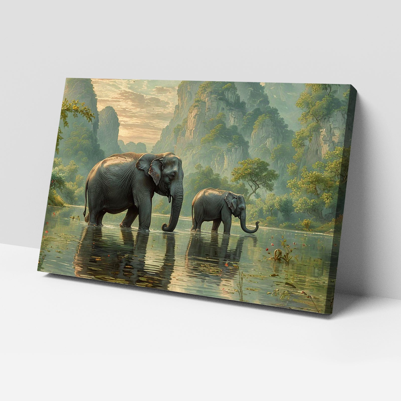 Luxariya Elephant Canvas Print 20x30", Black/White Framed, 12x18"-24x36" Auspicious Wall Art