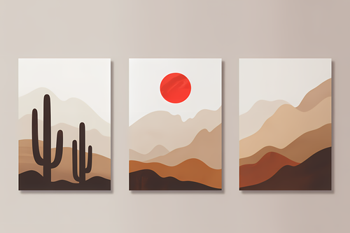 Desert Sun Over Cactus Hills Luxury Wall Art Set (3 Pieces) - 18x24 Inch Framed GSM Paper or 20x30 Inch Canvas