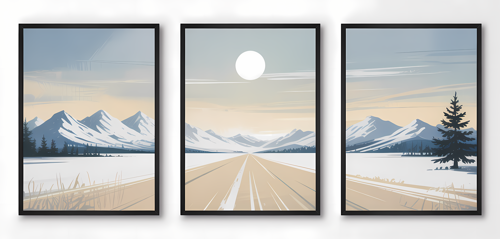 Winter Road Through Snowy Heights Luxury Wall Art Set (3 Pieces) - 18x24 Inch Framed GSM Paper or 20x30 Inch Canvas