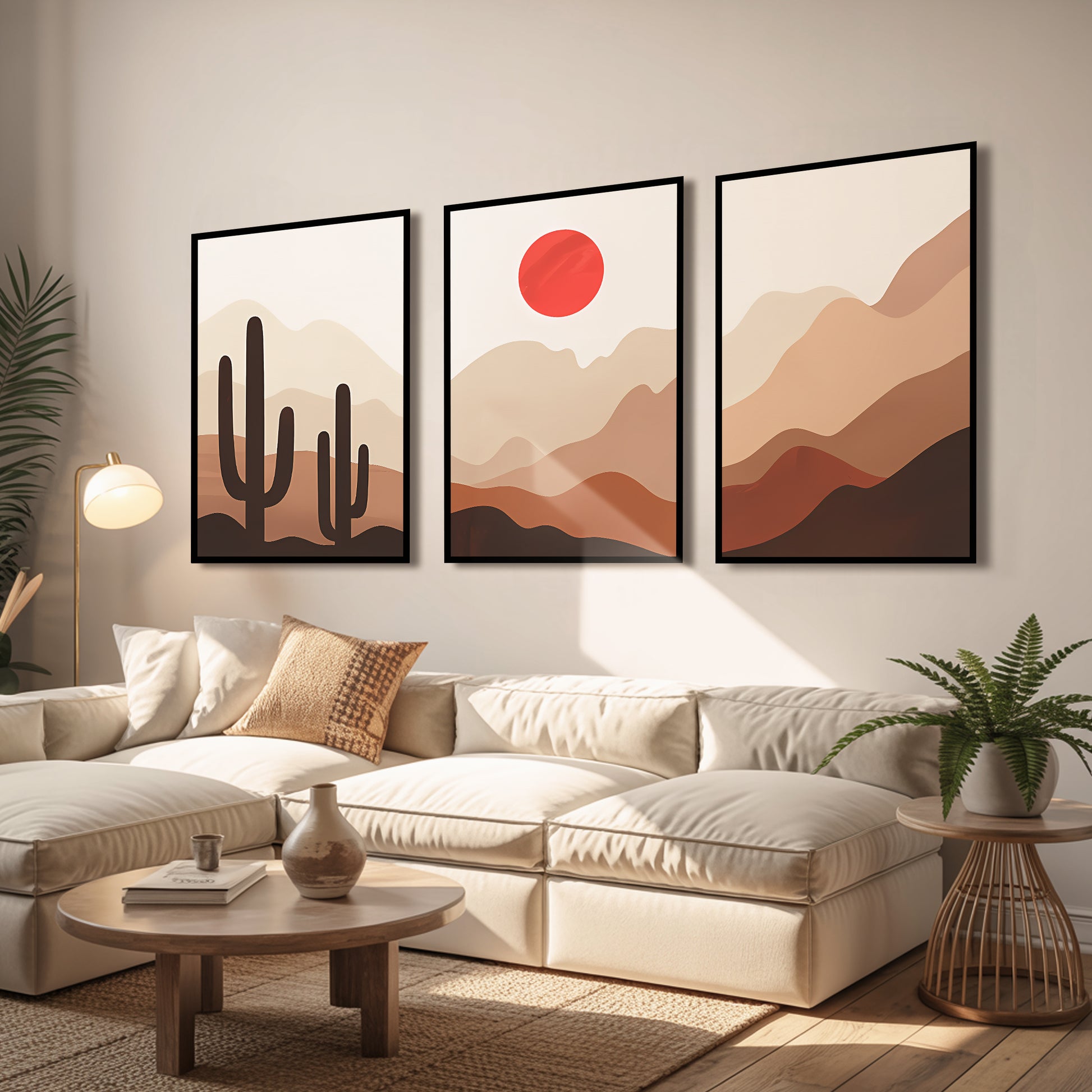 Desert Sun Over Cactus Hills Luxury Wall Art Set (3 Pieces) - 18x24 Inch Framed GSM Paper or 20x30 Inch Canvas
