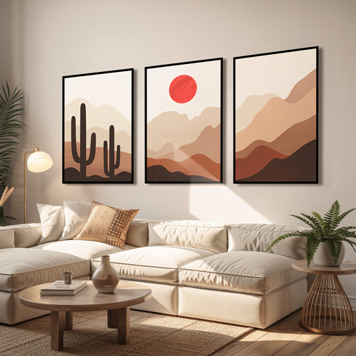 Desert Sun Over Cactus Hills Luxury Wall Art Set (3 Pieces) - 18x24 Inch Framed GSM Paper or 20x30 Inch Canvas