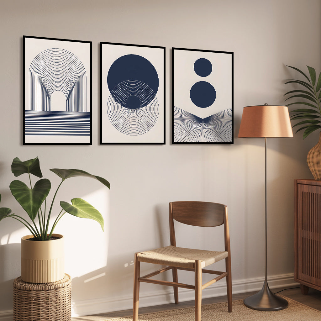 Prismatic Geometric Dance Luxury Wall Art Set (3 Pieces) - 18x24 Inch Framed GSM Paper or 20x30 Inch Canvas