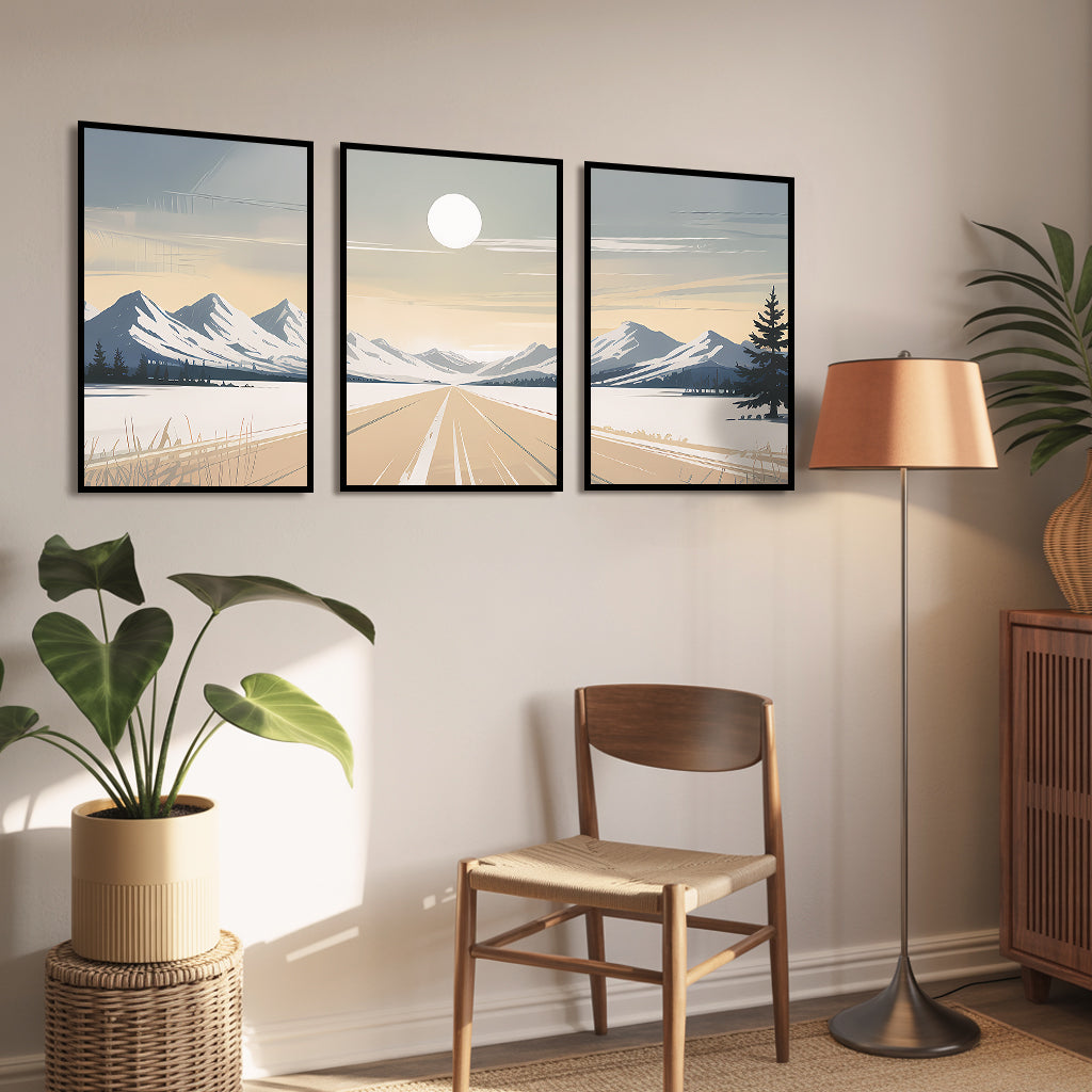 Winter Road Through Snowy Heights Luxury Wall Art Set (3 Pieces) - 18x24 Inch Framed GSM Paper or 20x30 Inch Canvas