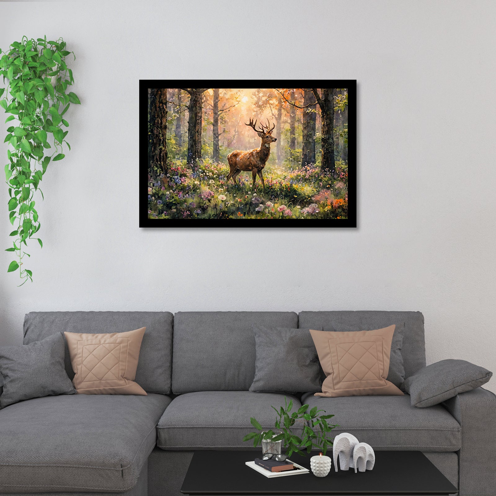 Luxariya Deer Canvas Print 20x30", Black/White Framed, 12x18"-24x36" Serene Wall Art