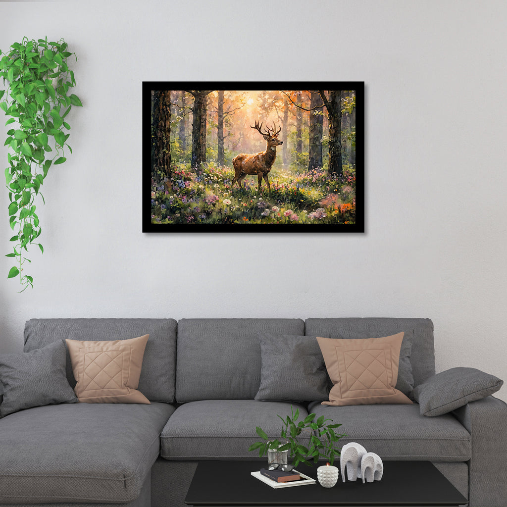 Luxariya Deer Canvas Print 20x30", Black/White Framed, 12x18"-24x36" Serene Wall Art