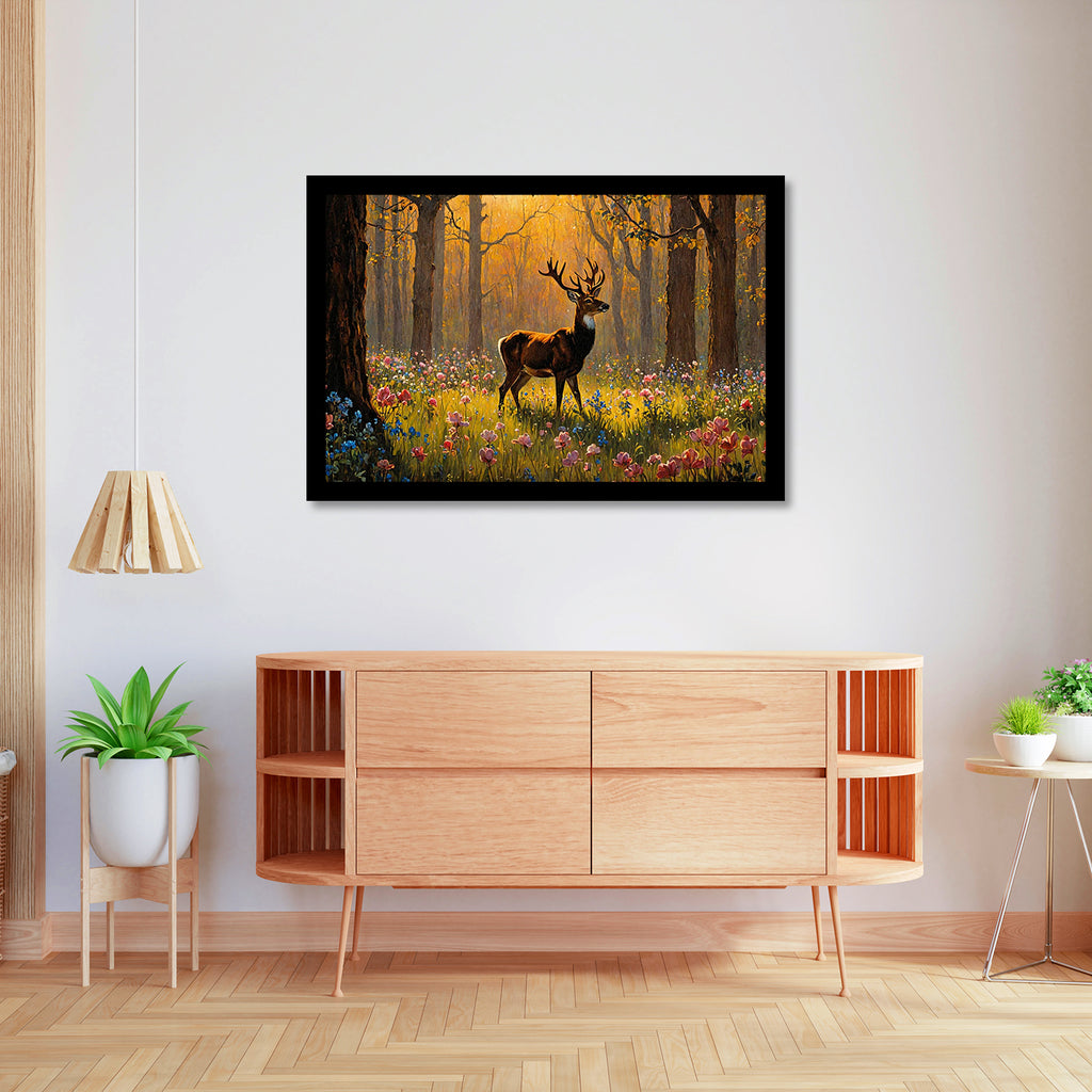 Luxariya Deer Canvas Print 20x30", Black/White Framed, 12x18"-24x36" Serene Wall Art