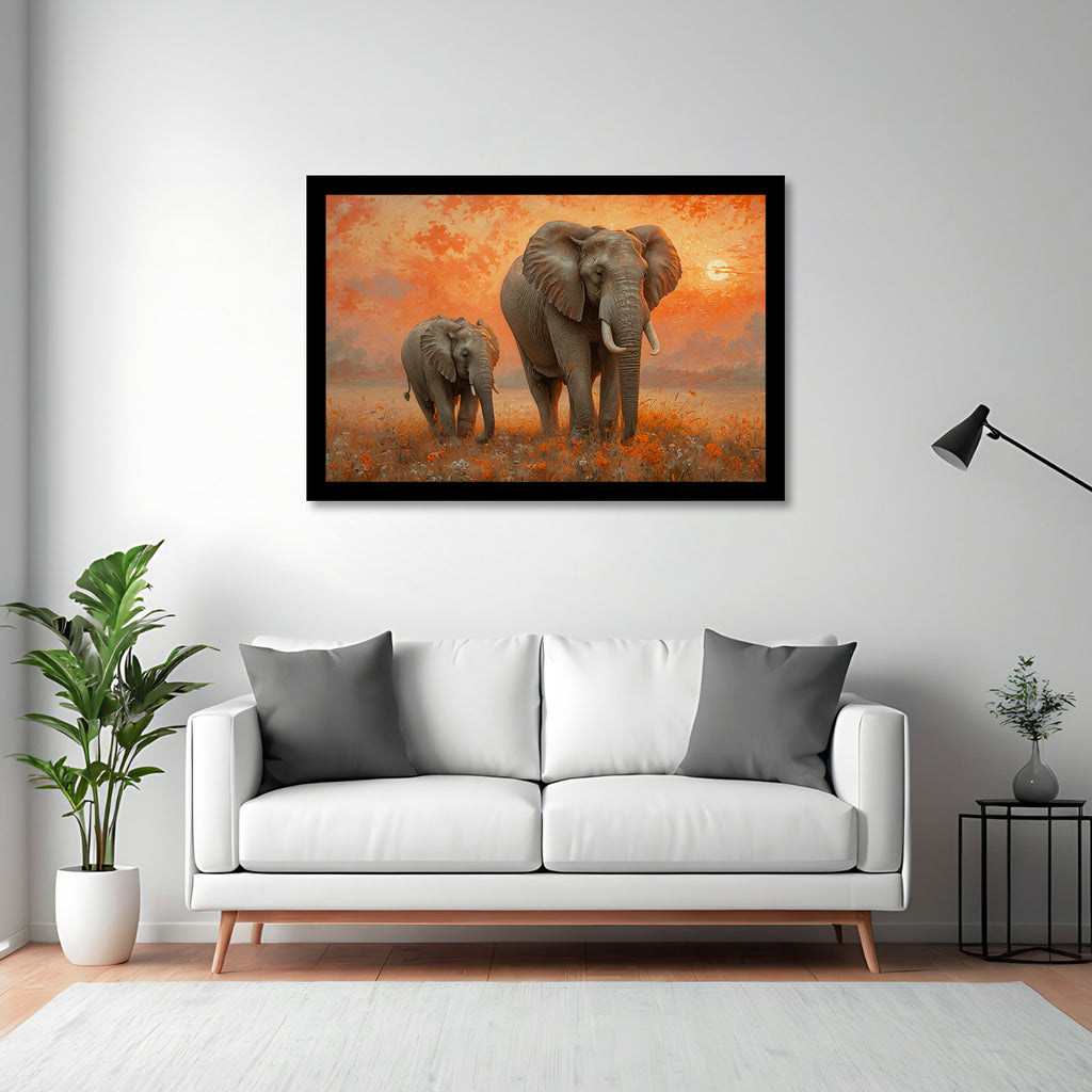 Luxariya Elephant Canvas Print 20x30", Black/White Framed, 12x18"-24x36" Auspicious Wall Art