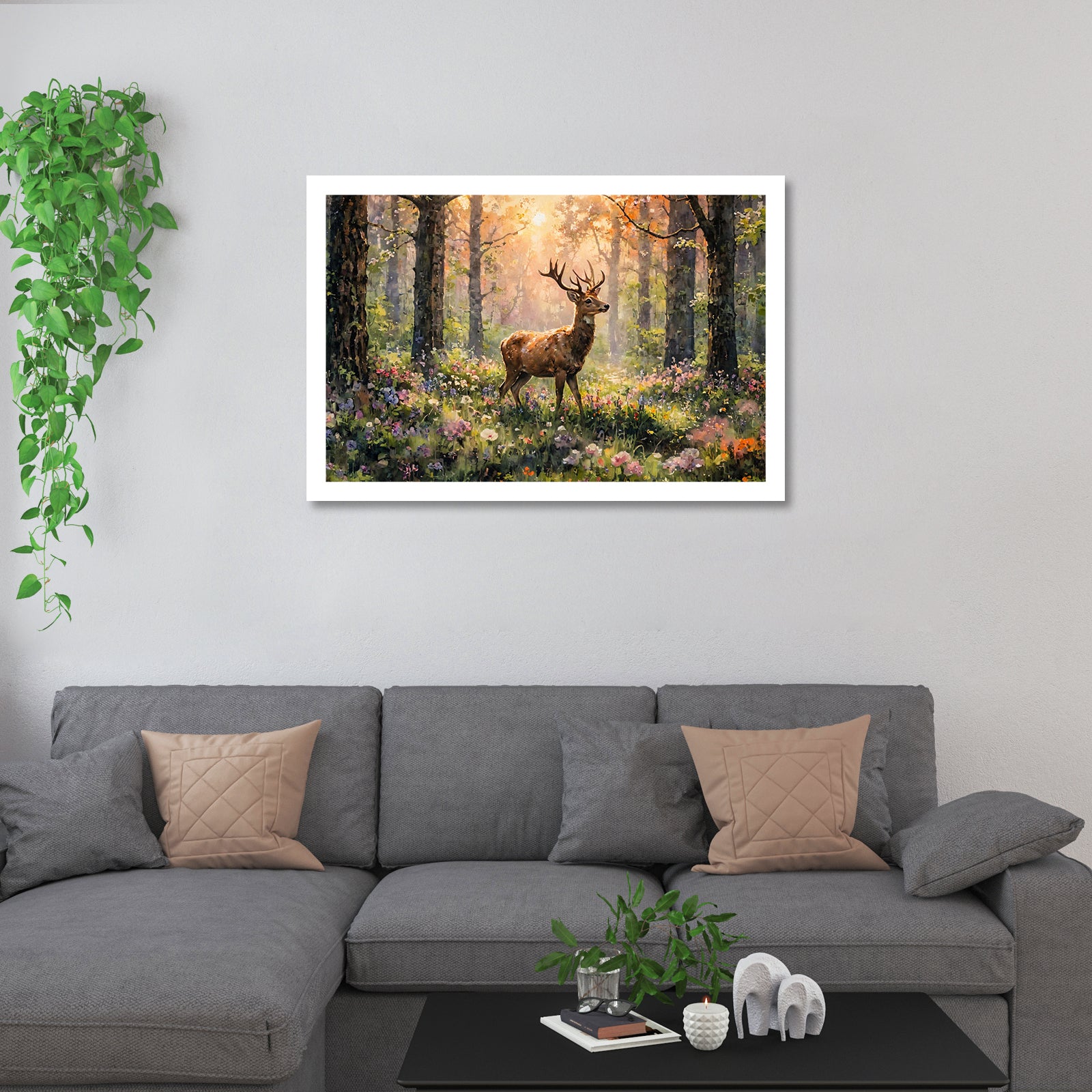 Luxariya Deer Canvas Print 20x30", Black/White Framed, 12x18"-24x36" Serene Wall Art