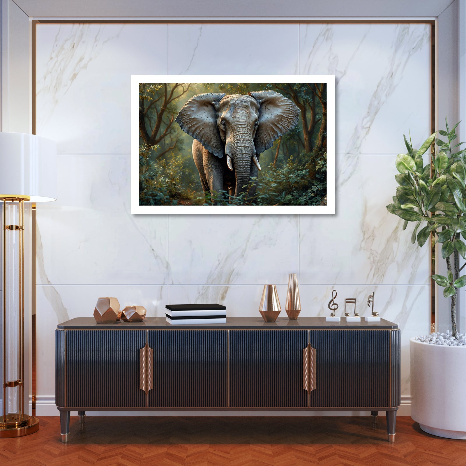 Luxariya Elephant Canvas Print 20x30", Black/White Framed, 12x18"-24x36" Auspicious Wall Art