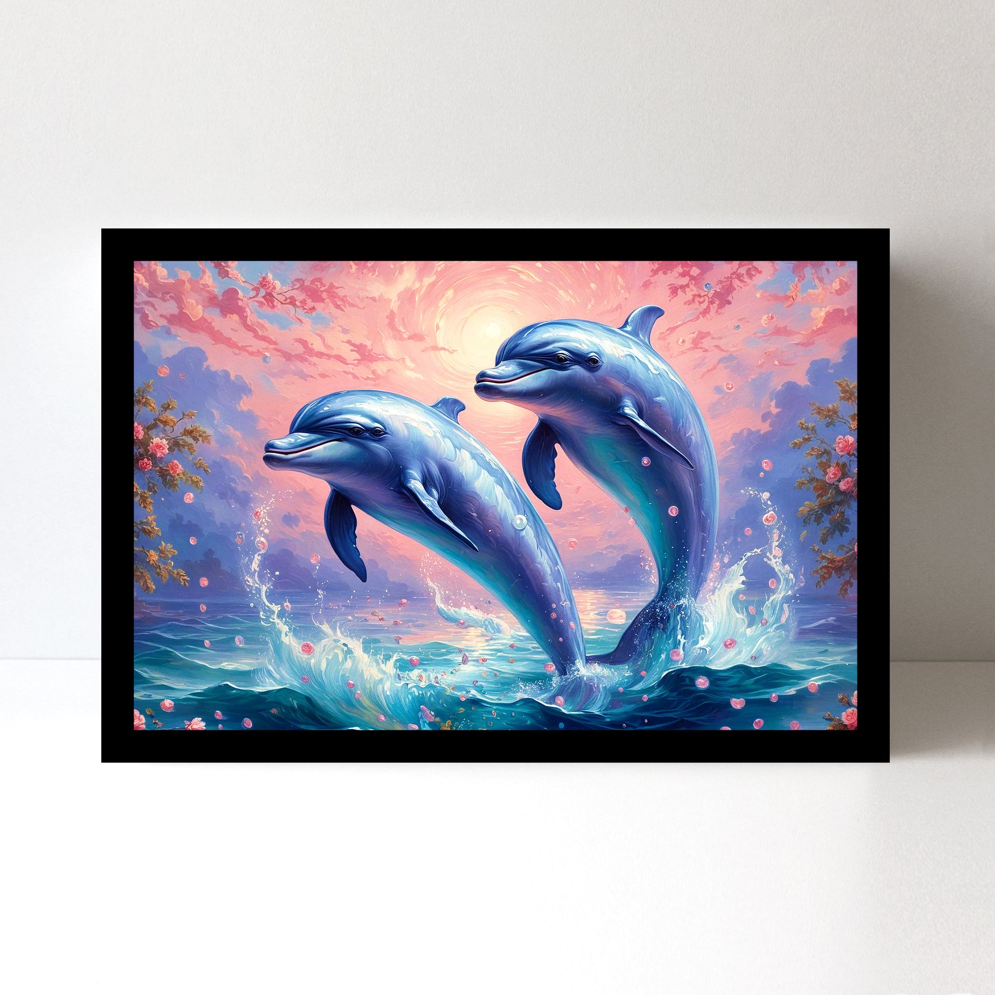 Luxariya Dolphin Canvas Print 20x30", Black/White Framed, 12x18"-24x36"