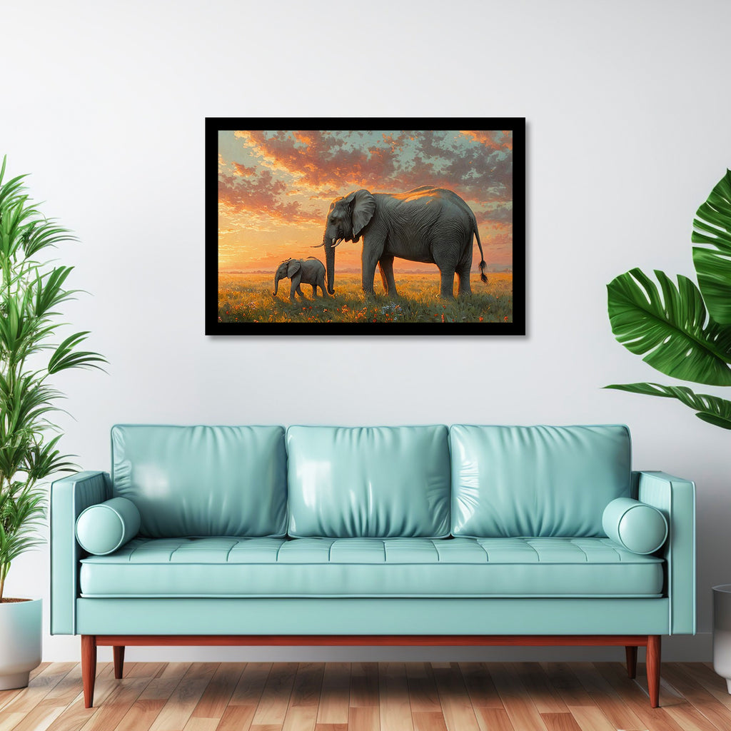 Luxariya Elephant Canvas Print 20x30", Black/White Framed, 12x18"-24x36" Auspicious Wall Art