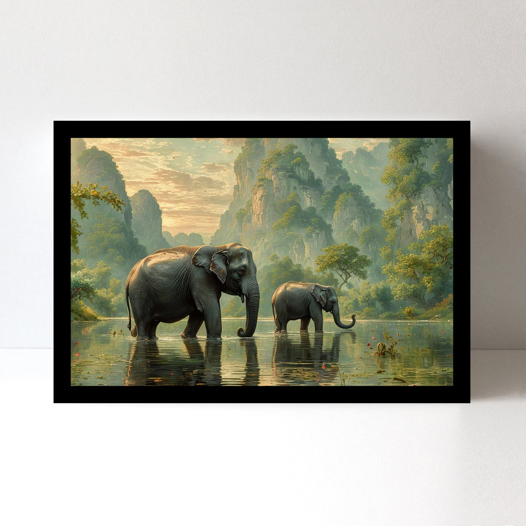 Luxariya Elephant Canvas Print 20x30", Black/White Framed, 12x18"-24x36" Auspicious Wall Art